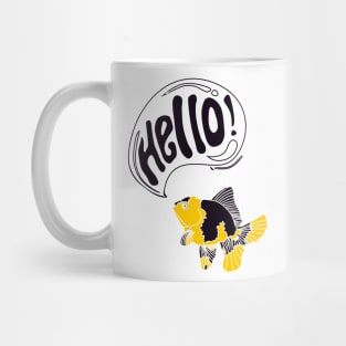 illustration of a yellow black goldfish greeting hello Mug